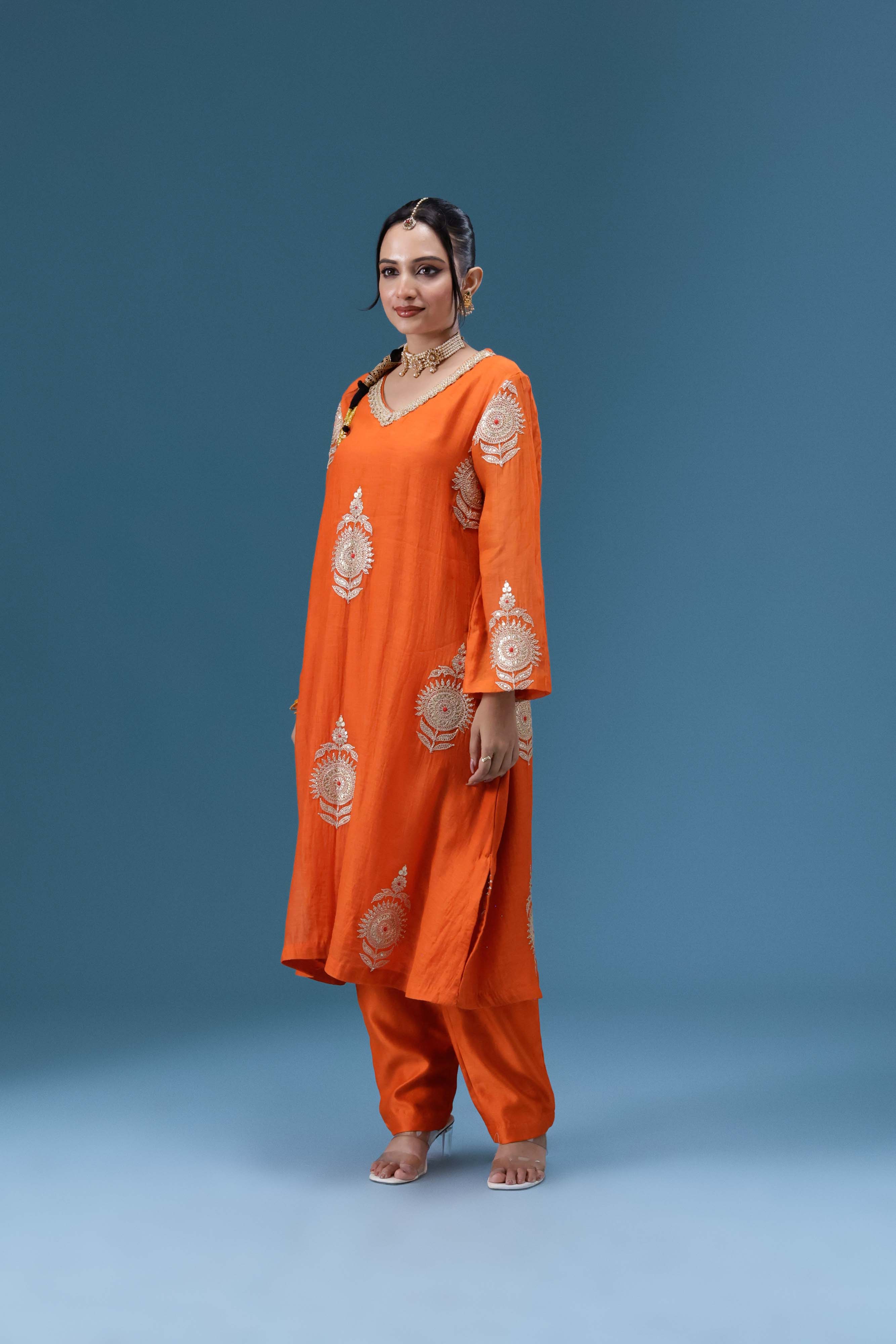 Surkh Orange Embroidered Kurta Set
