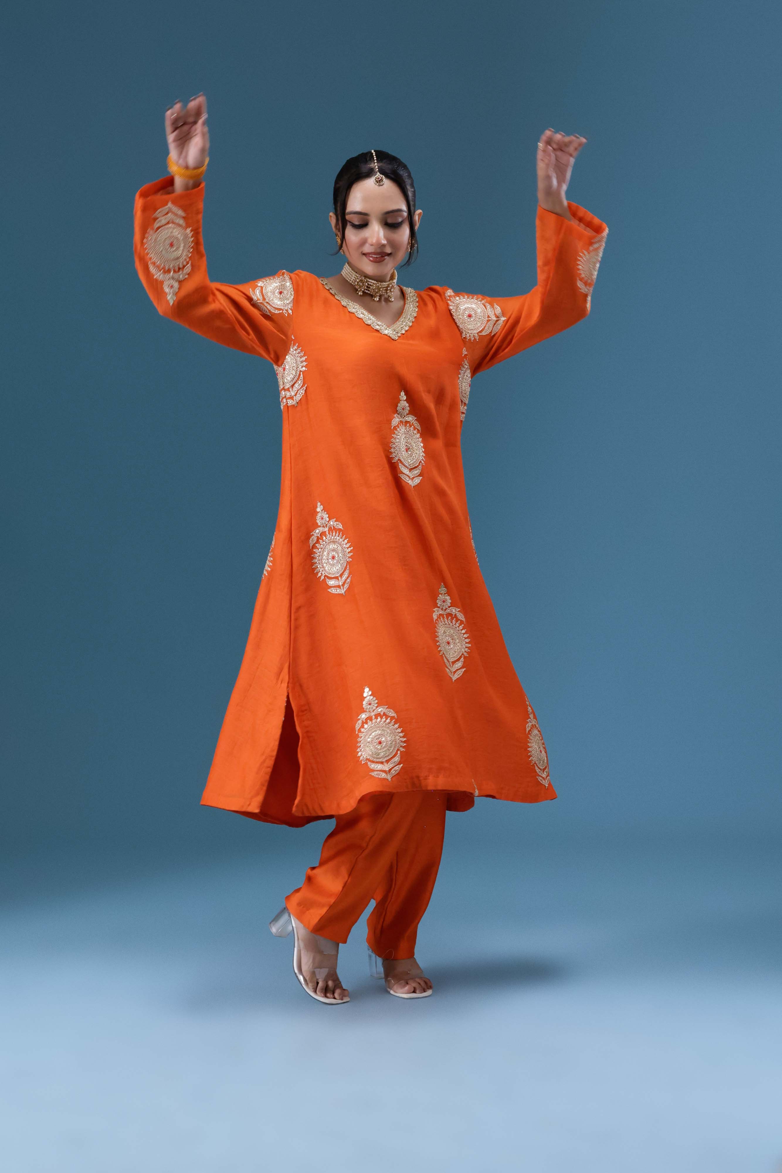 Surkh Orange Embroidered Kurta Set