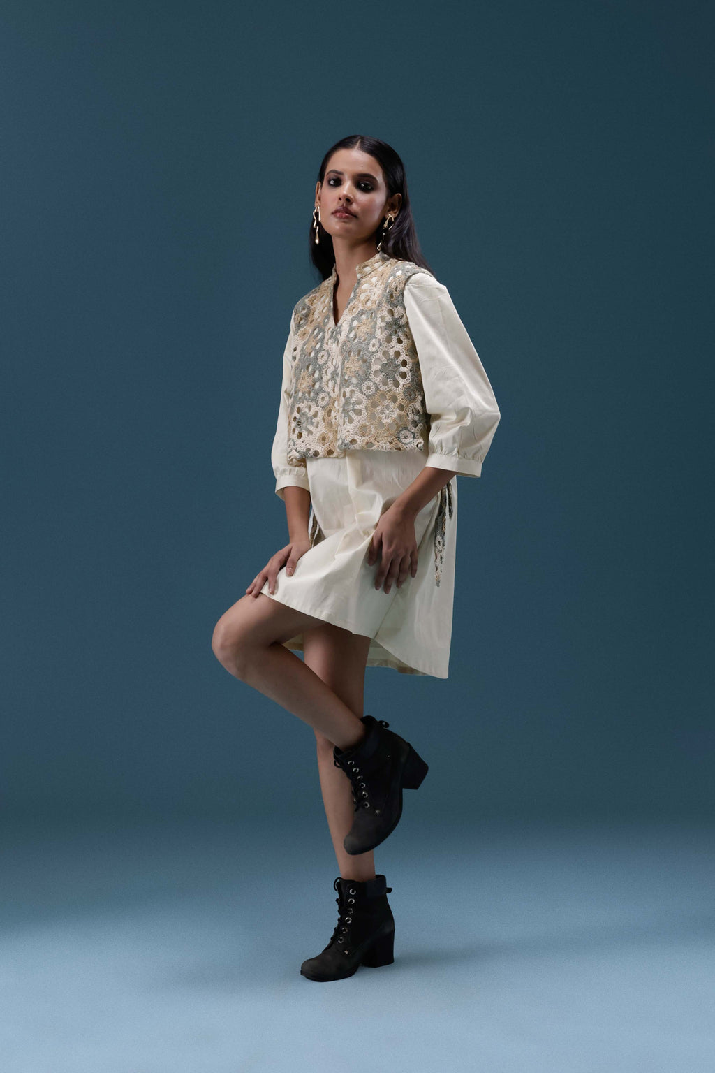 Ivory Crochet Layered Shirt Dress