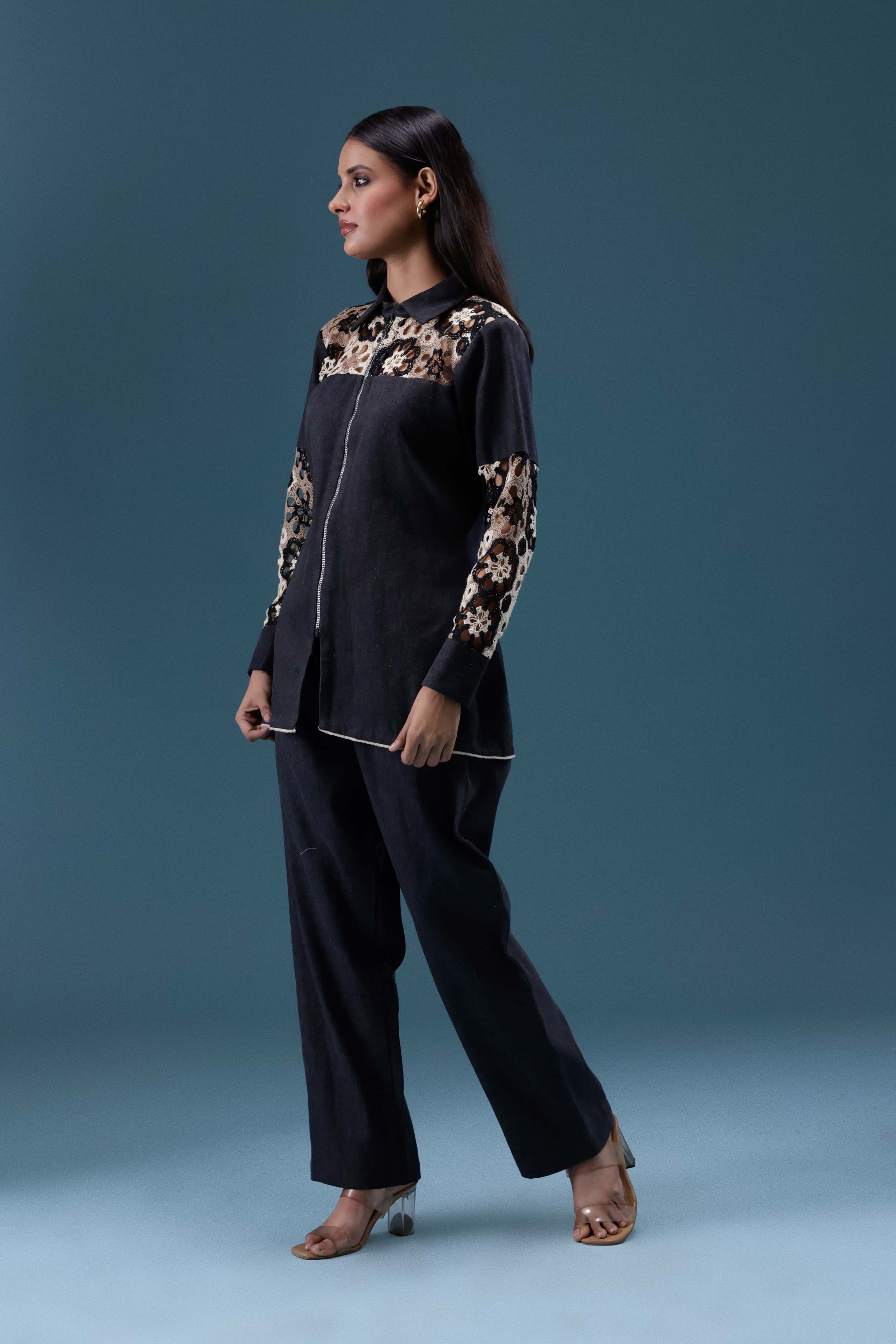 Black Denim Crochet Panel Co-ord Set