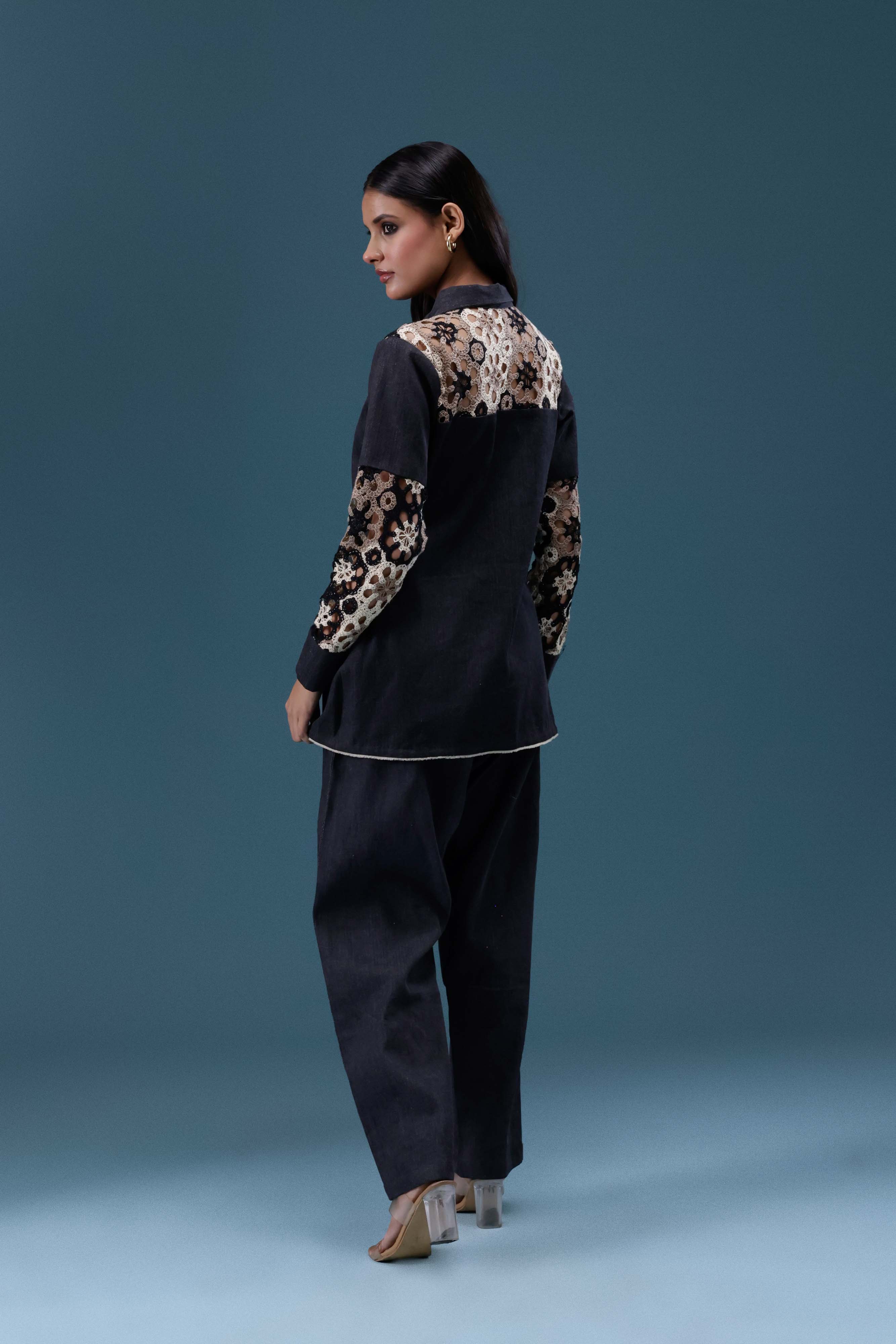 Black Denim Crochet Panel Co-ord Set