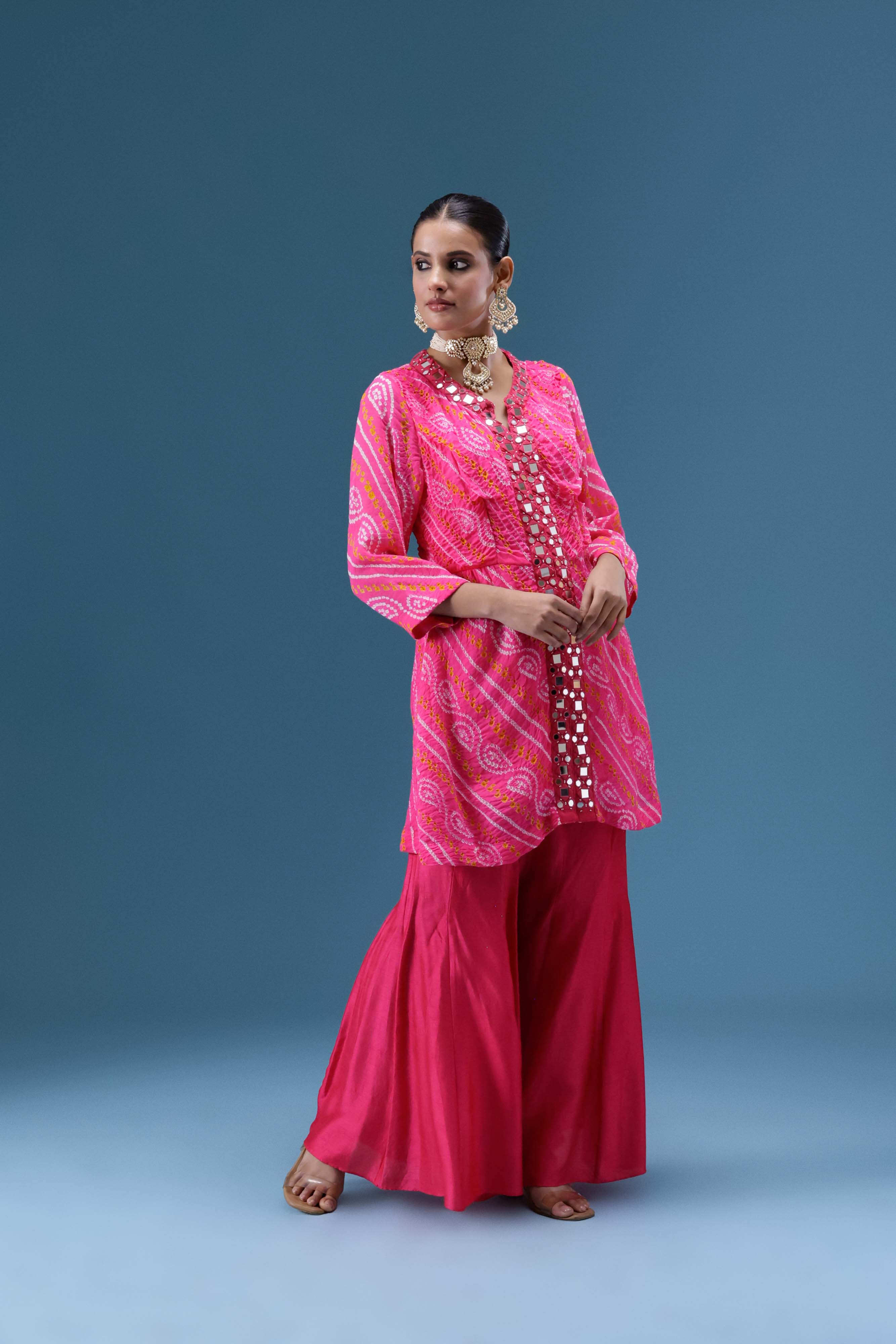 Gulabi Bandhani Mirror Work Co-ord Set