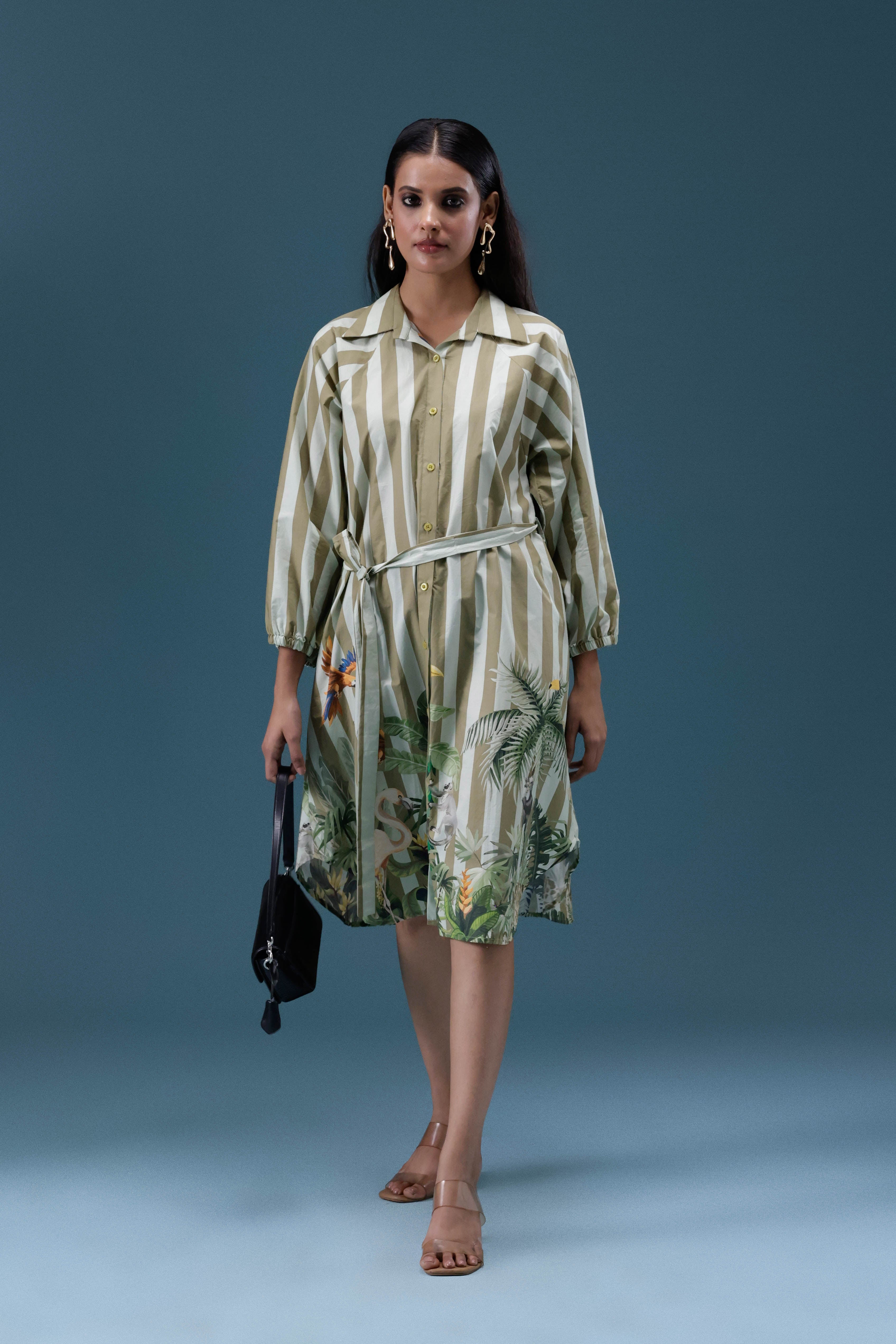 Green Stripe Printed Shirt Dress