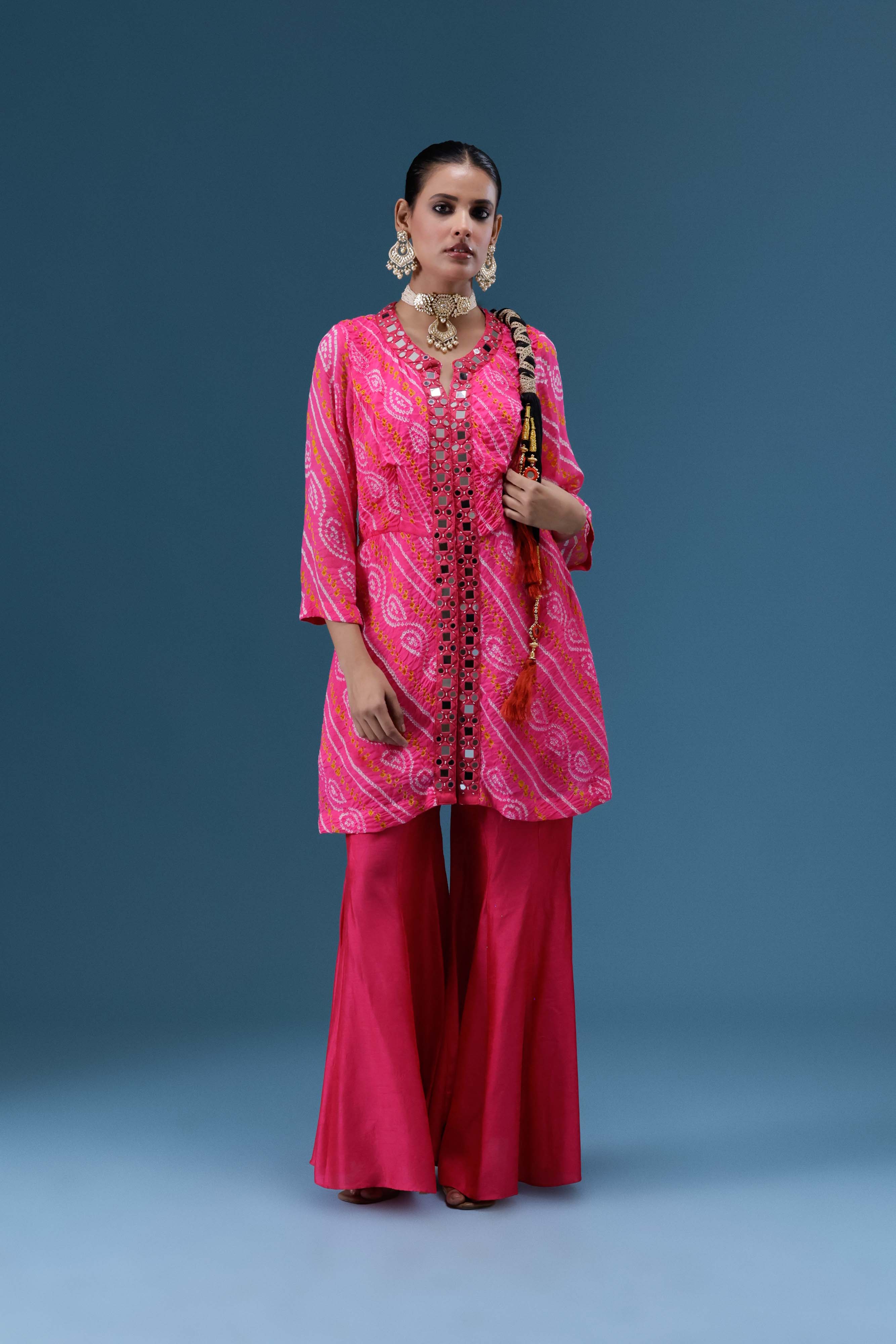 Gulabi Bandhani Mirror Work Co-ord Set