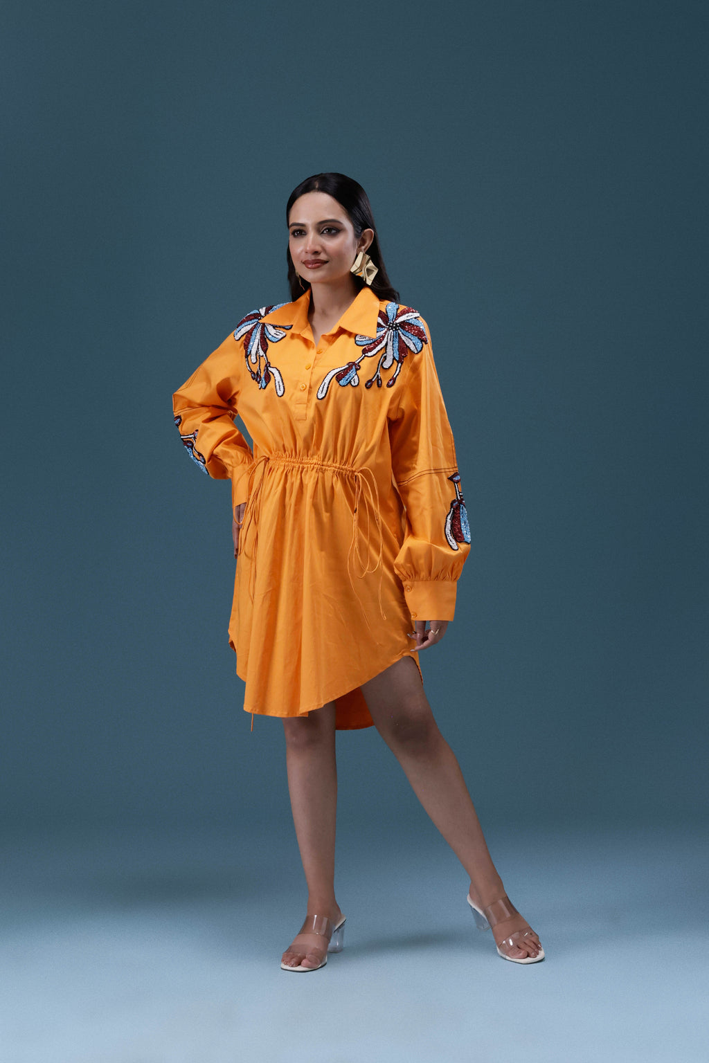Orange Embroidered Shirt Dress