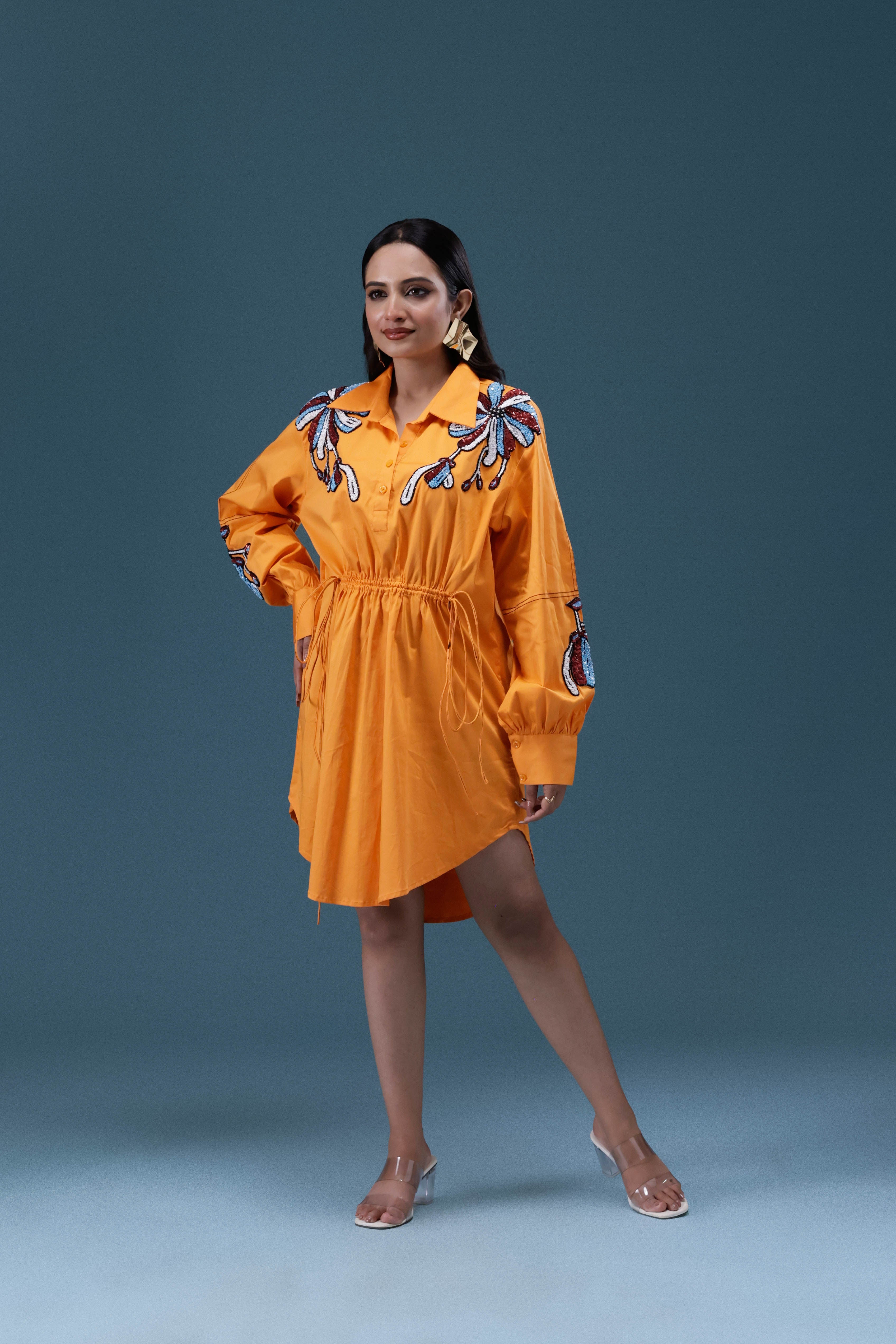 Orange Embroidered Shirt Dress