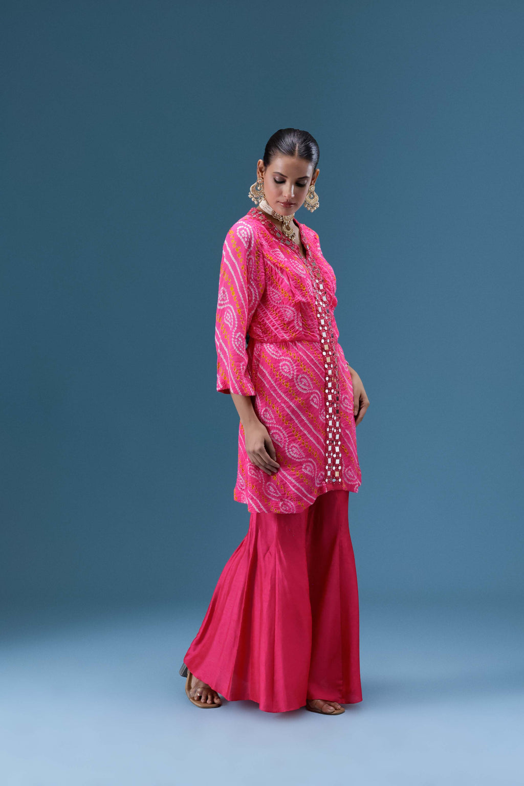 Gulabi Bandhani Mirror Work Co-ord Set