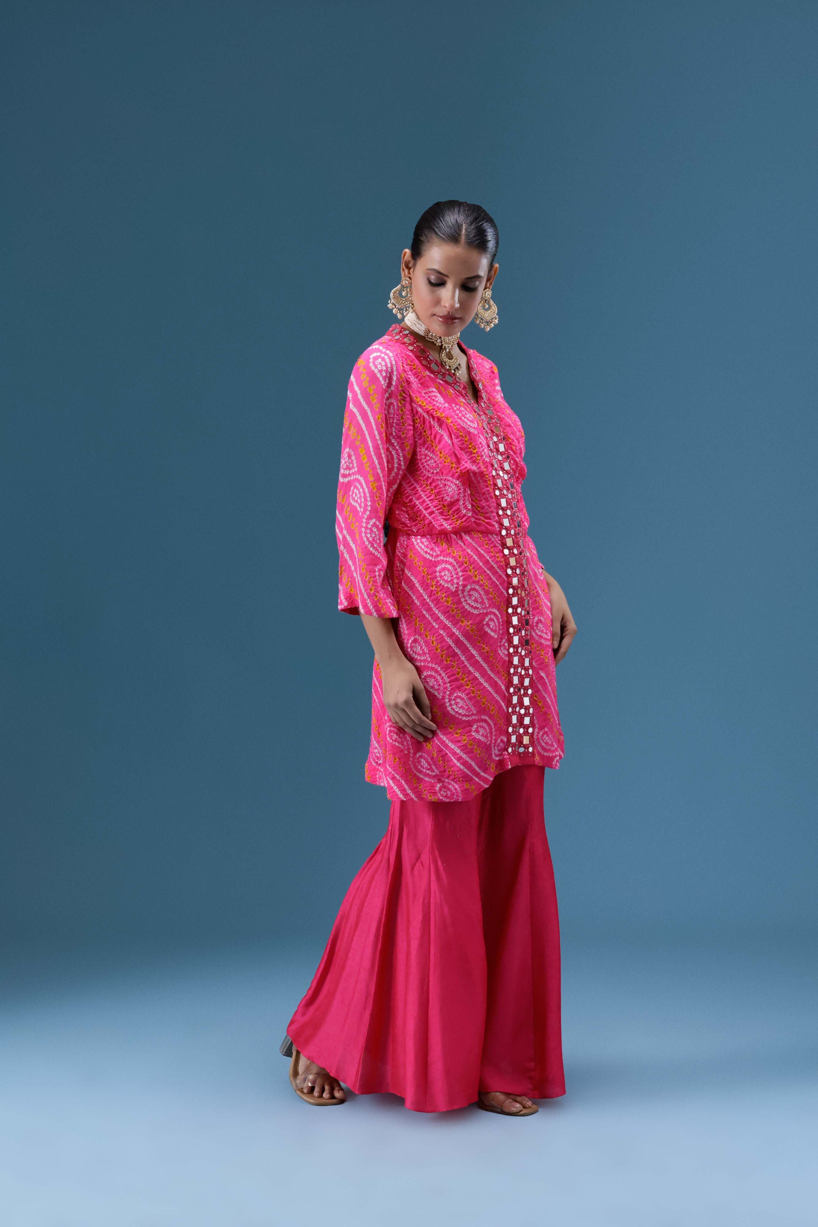 Gulabi Bandhani Mirror Work Co-ord Set