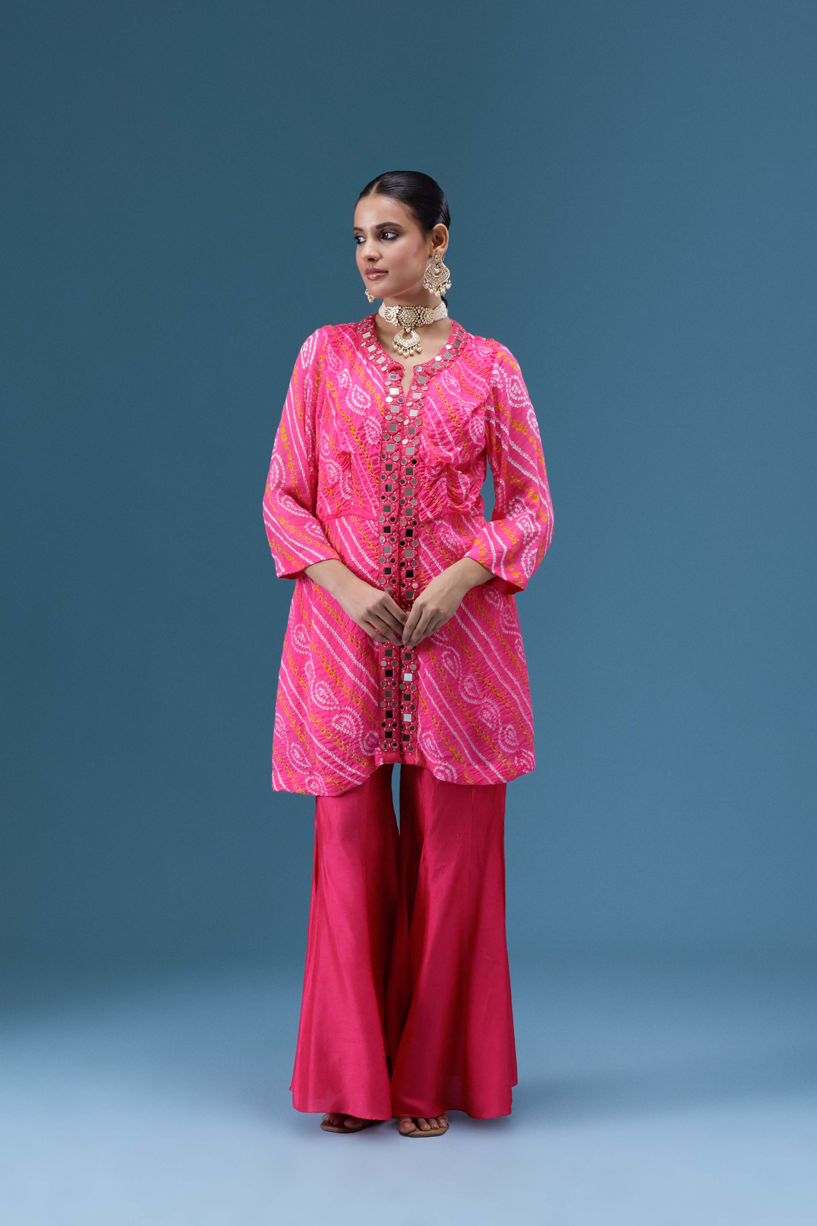 Gulabi Bandhani Mirror Work Co-ord Set