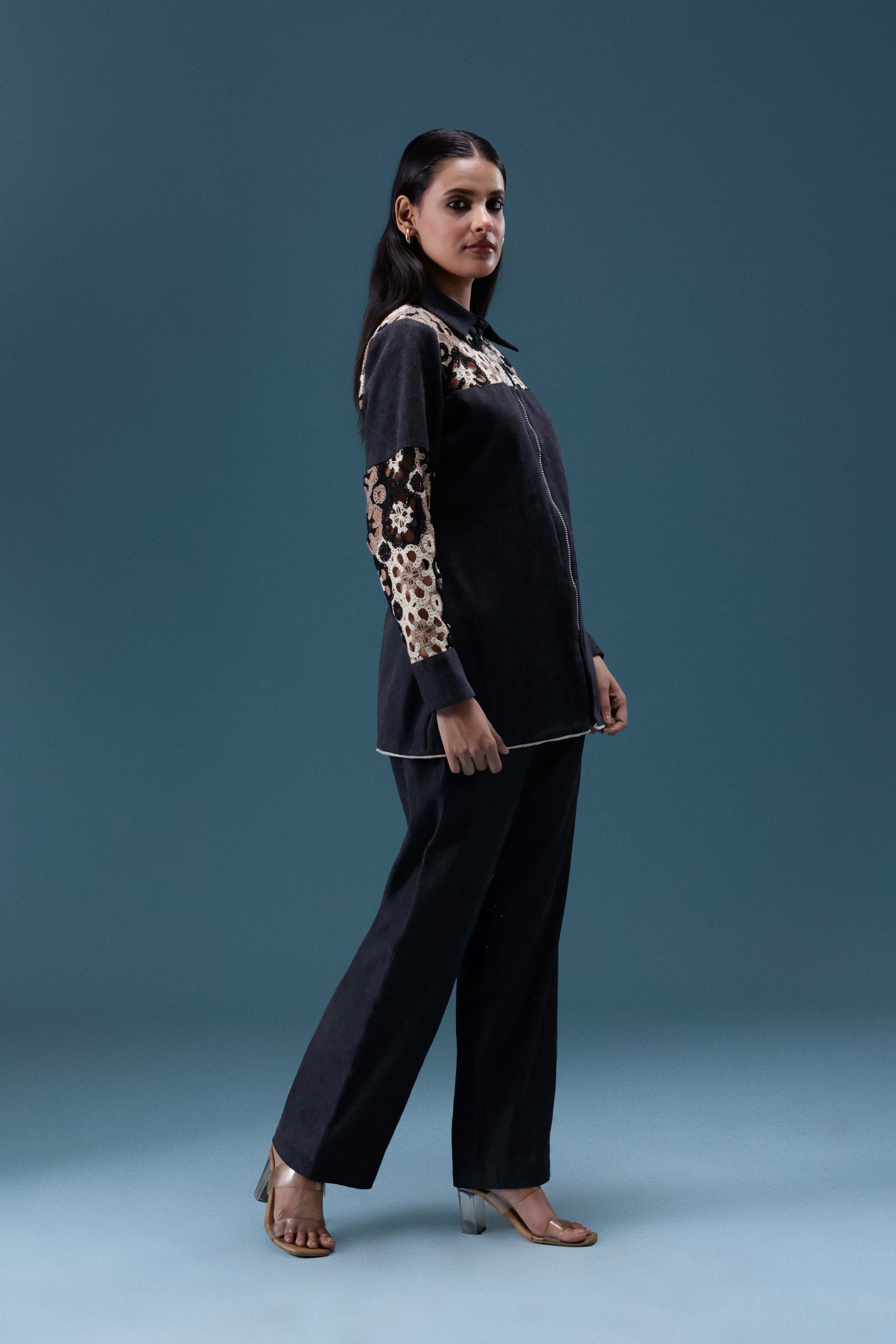 Black Denim Crochet Panel Co-ord Set