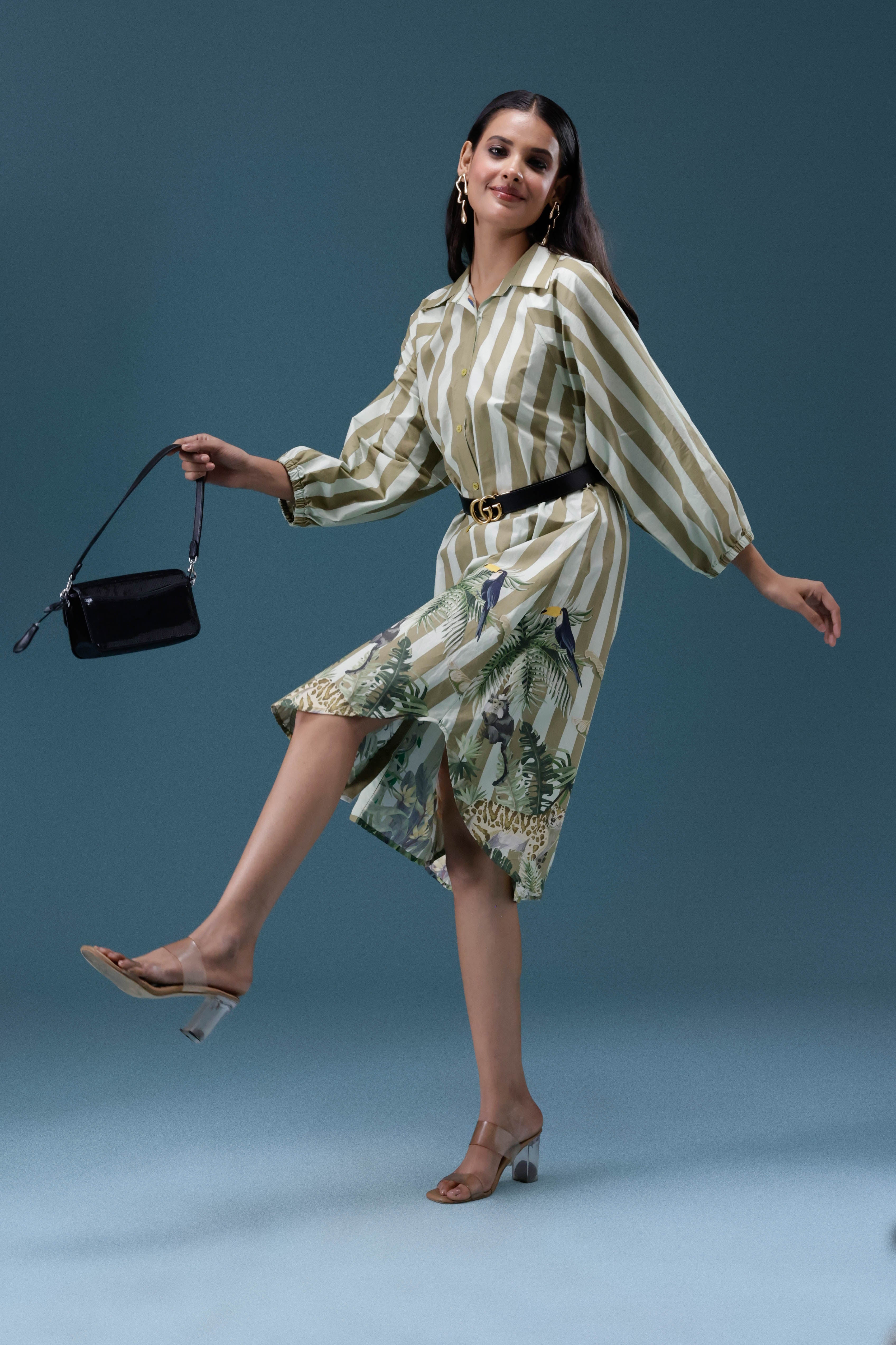 Green Stripe Printed Shirt Dress