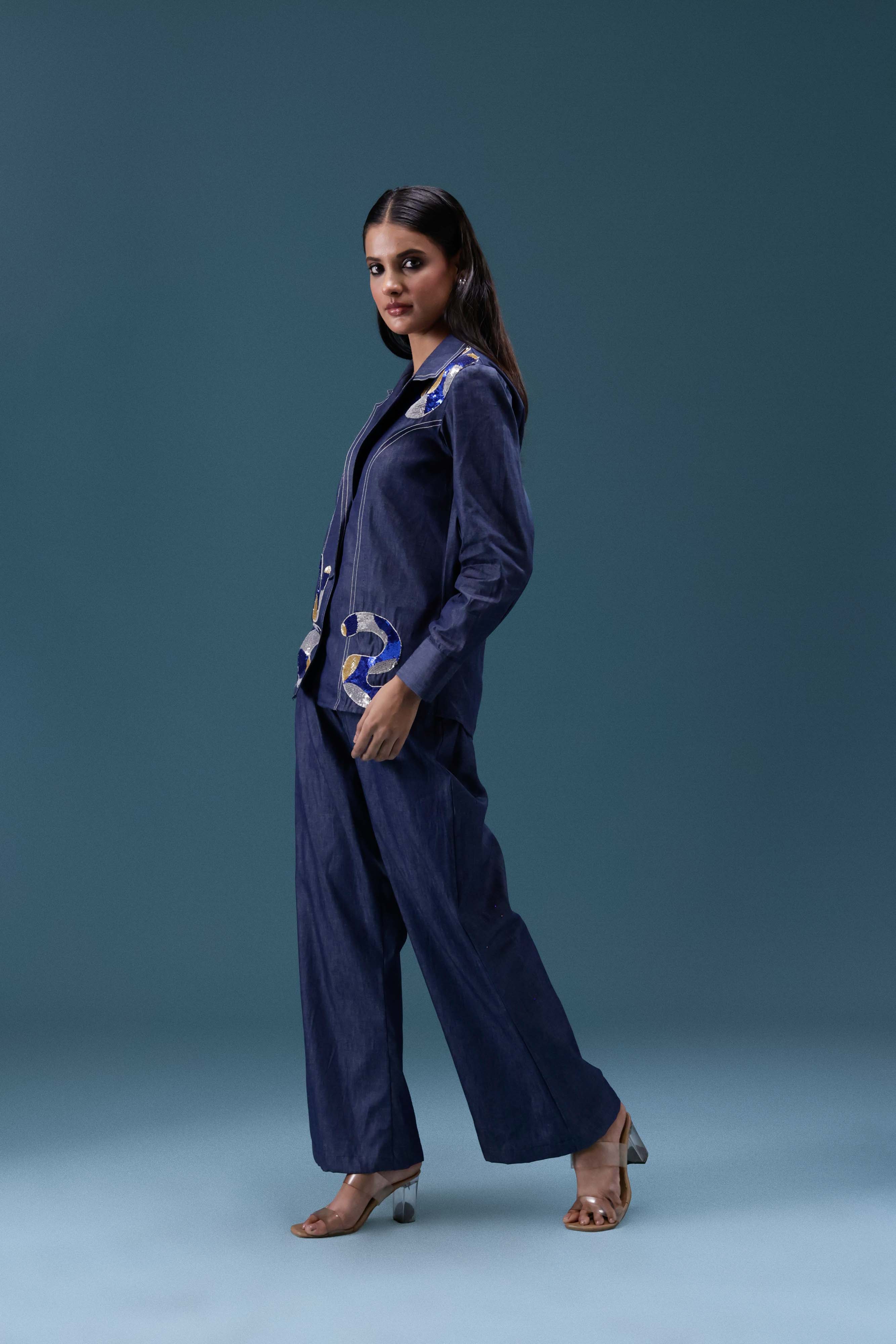 Navy Denim Embellished Co-ord Set