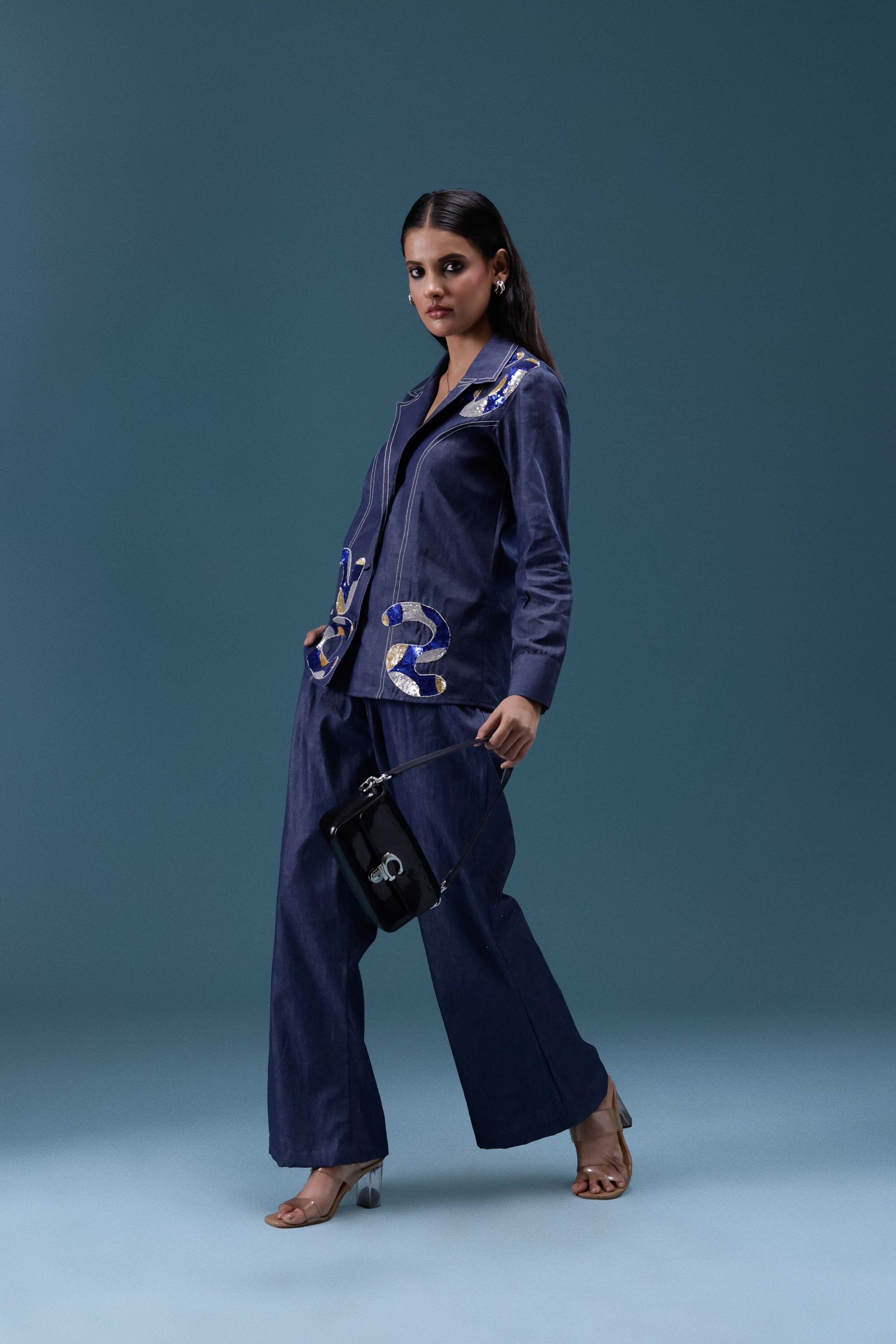 Navy Denim Embellished Co-ord Set