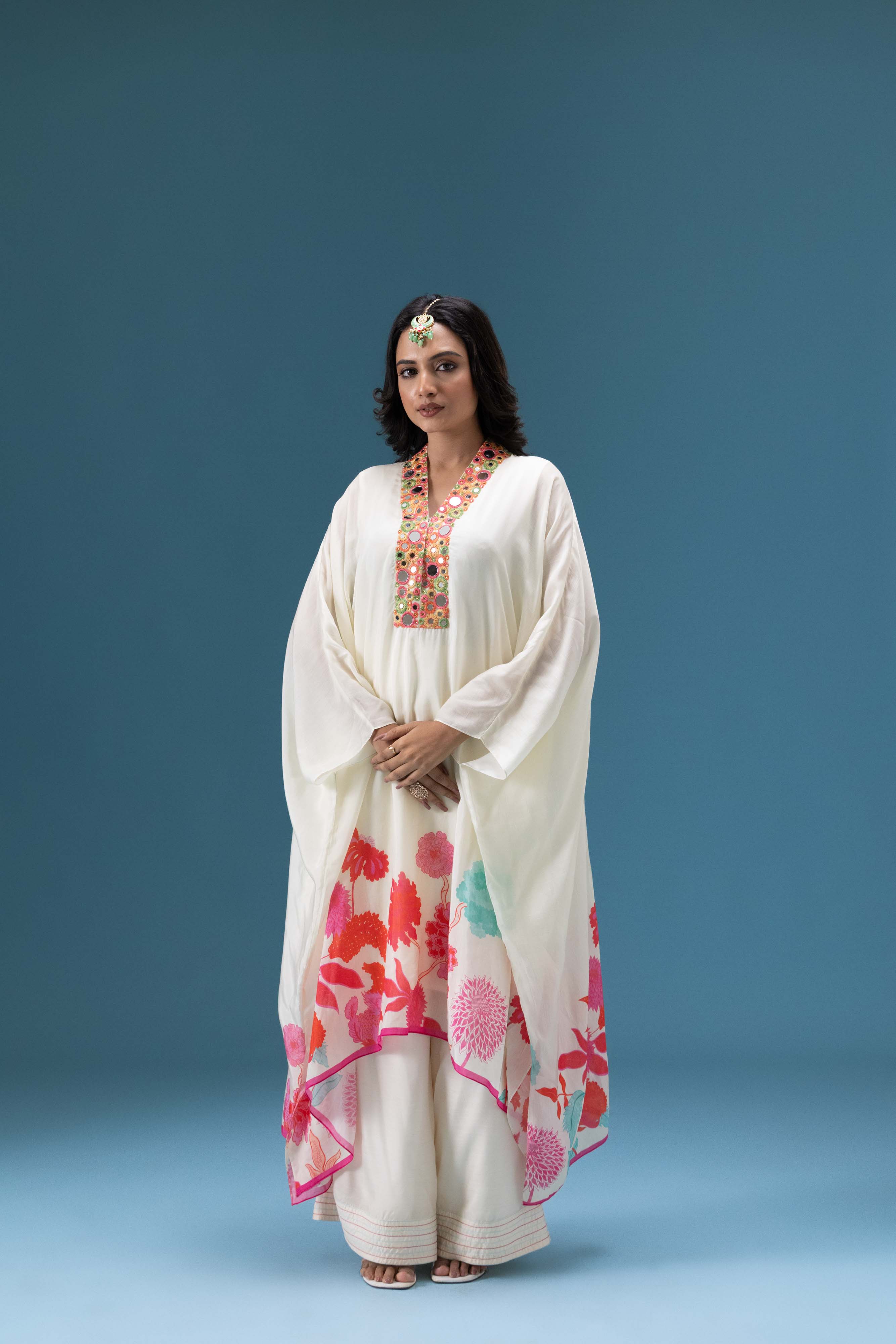 Gulnaar Ivory Floral Kaftan Set