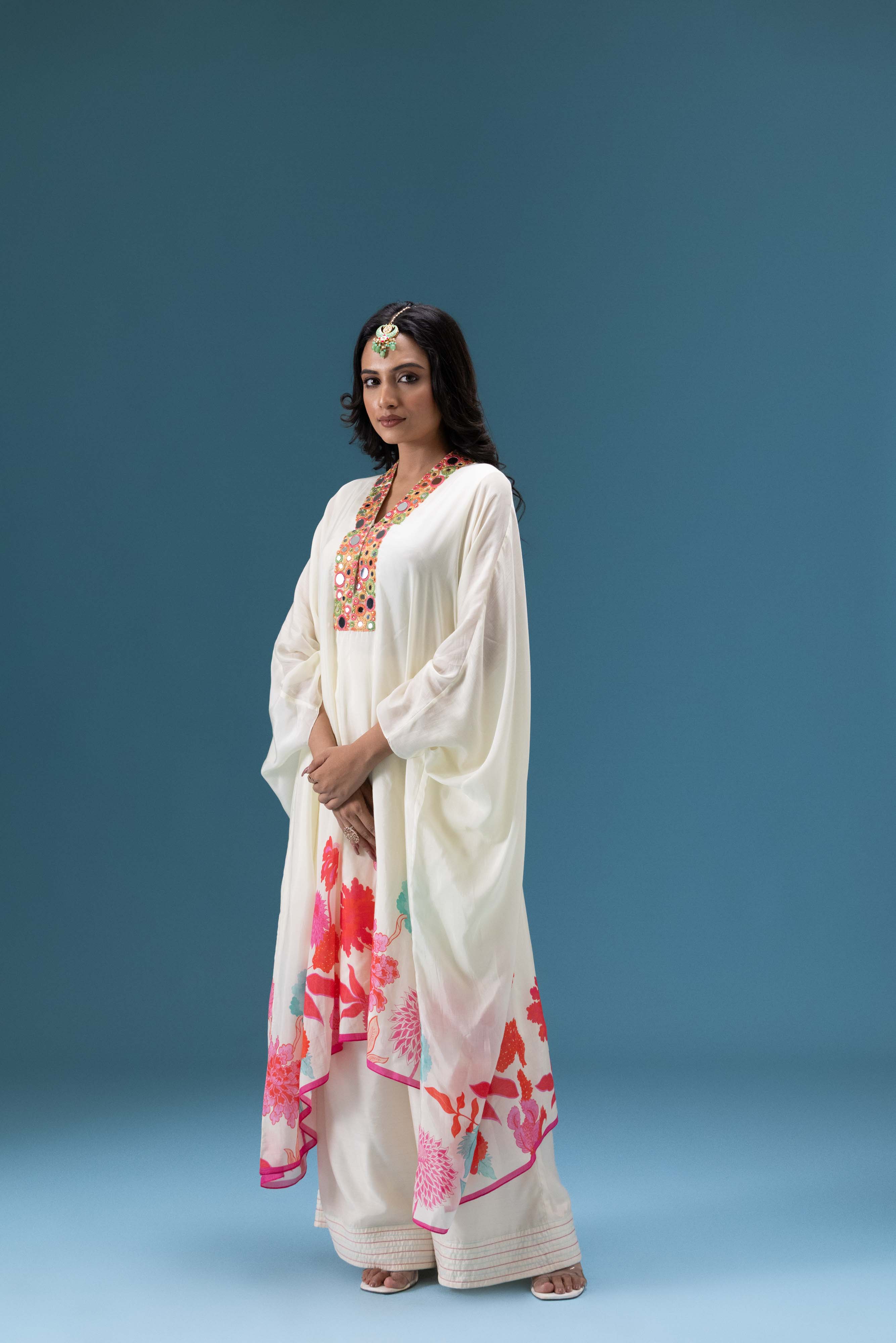 Gulnaar Ivory Floral Kaftan Set