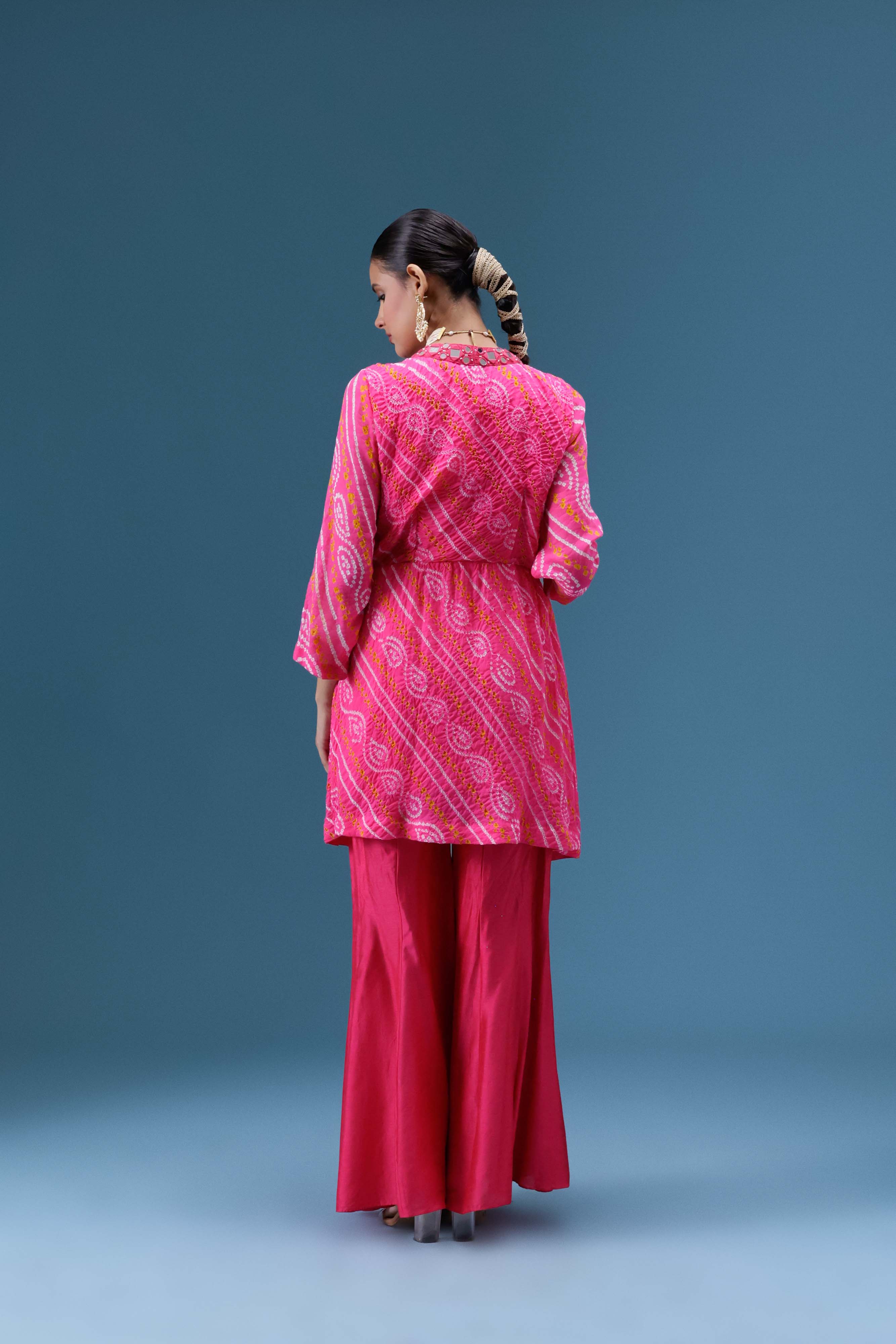 Gulabi Bandhani Mirror Work Co-ord Set