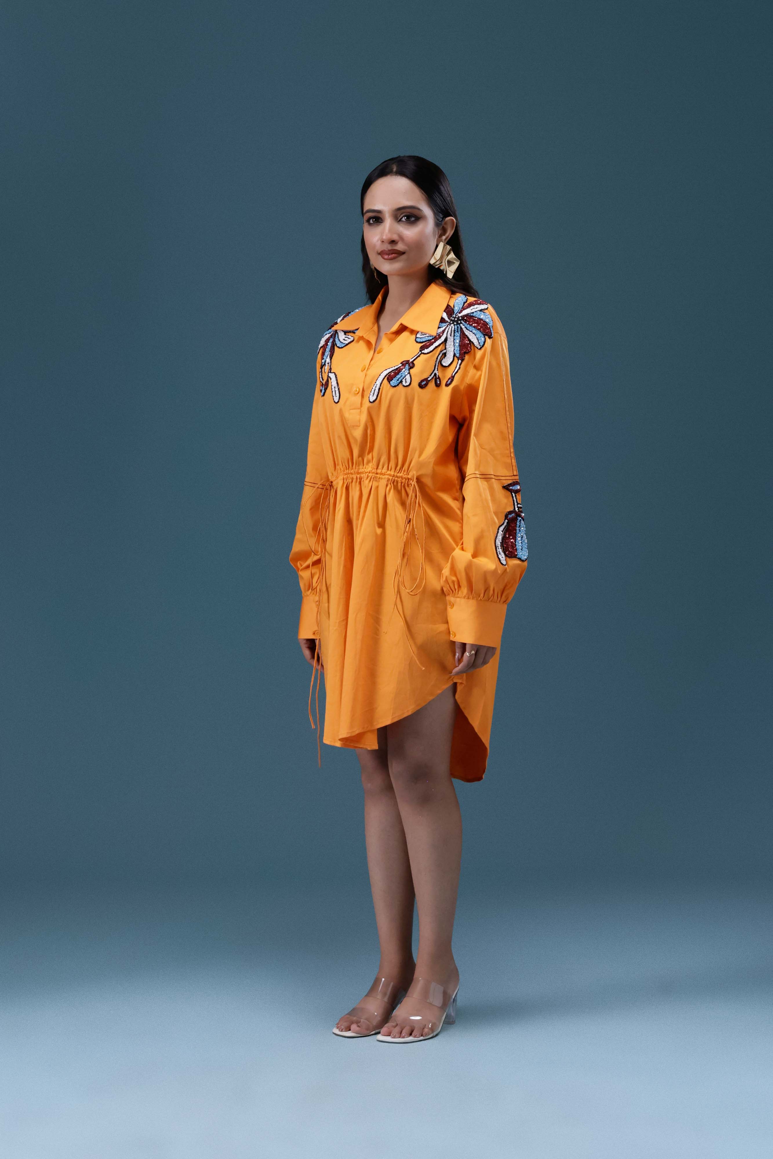 Orange Embroidered Shirt Dress