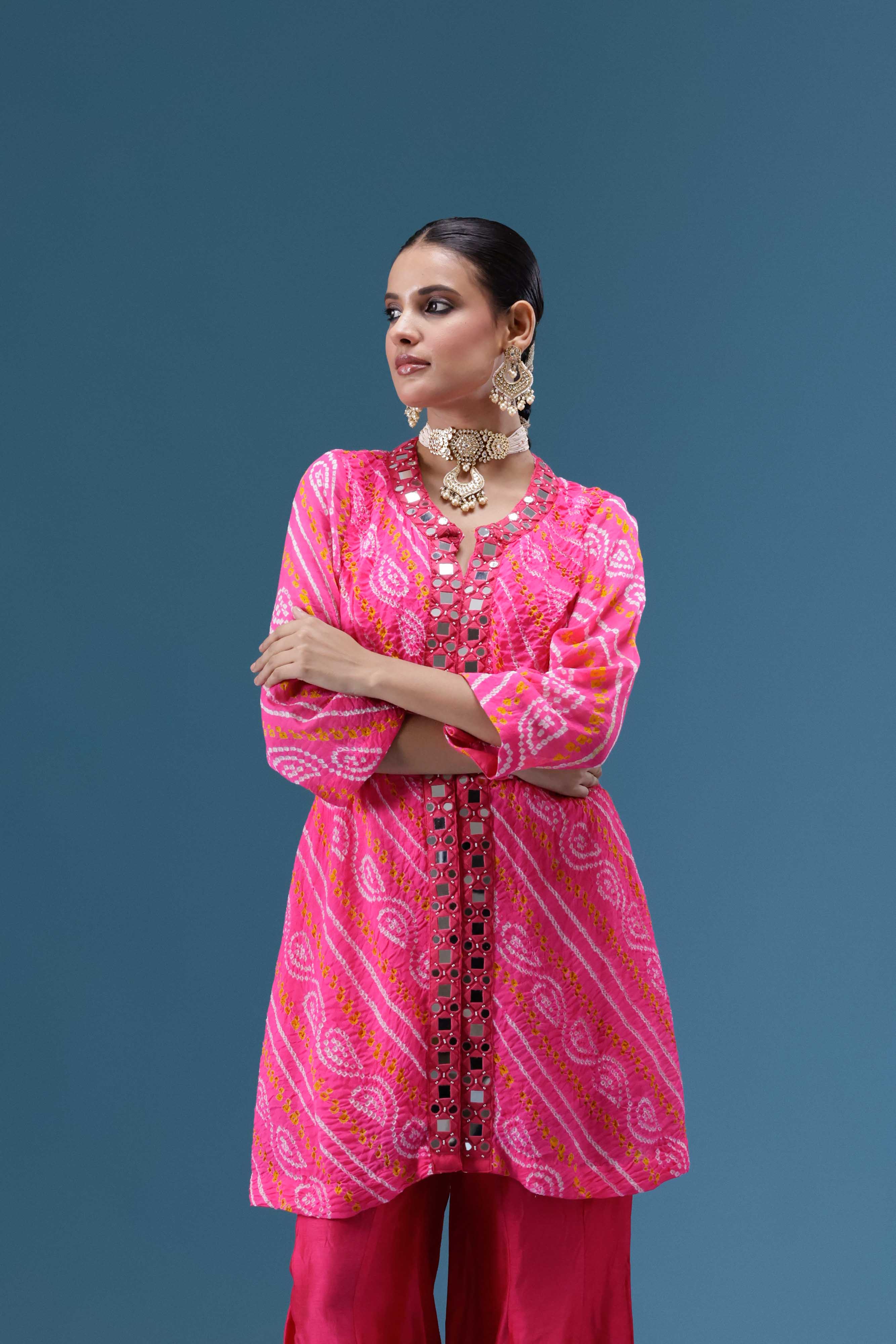 Gulabi Bandhani Mirror Work Co-ord Set