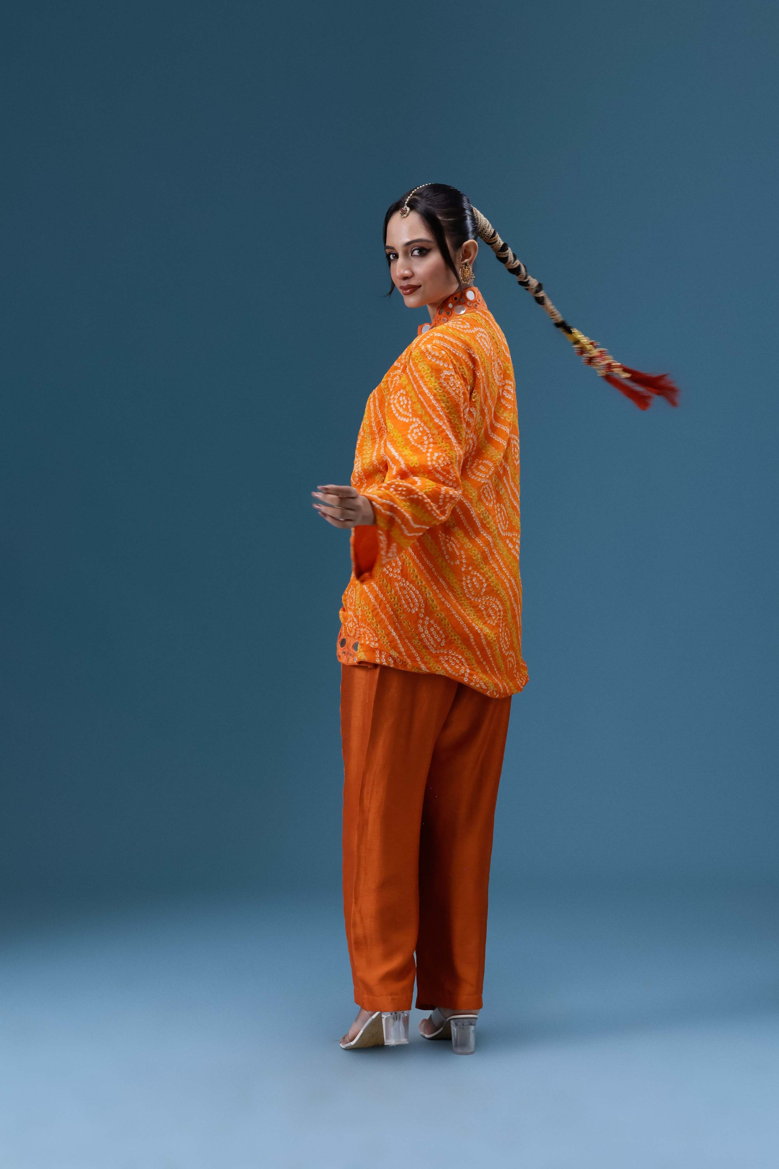 Abeer Orange Bandhani Mirror Work Co-ord Set