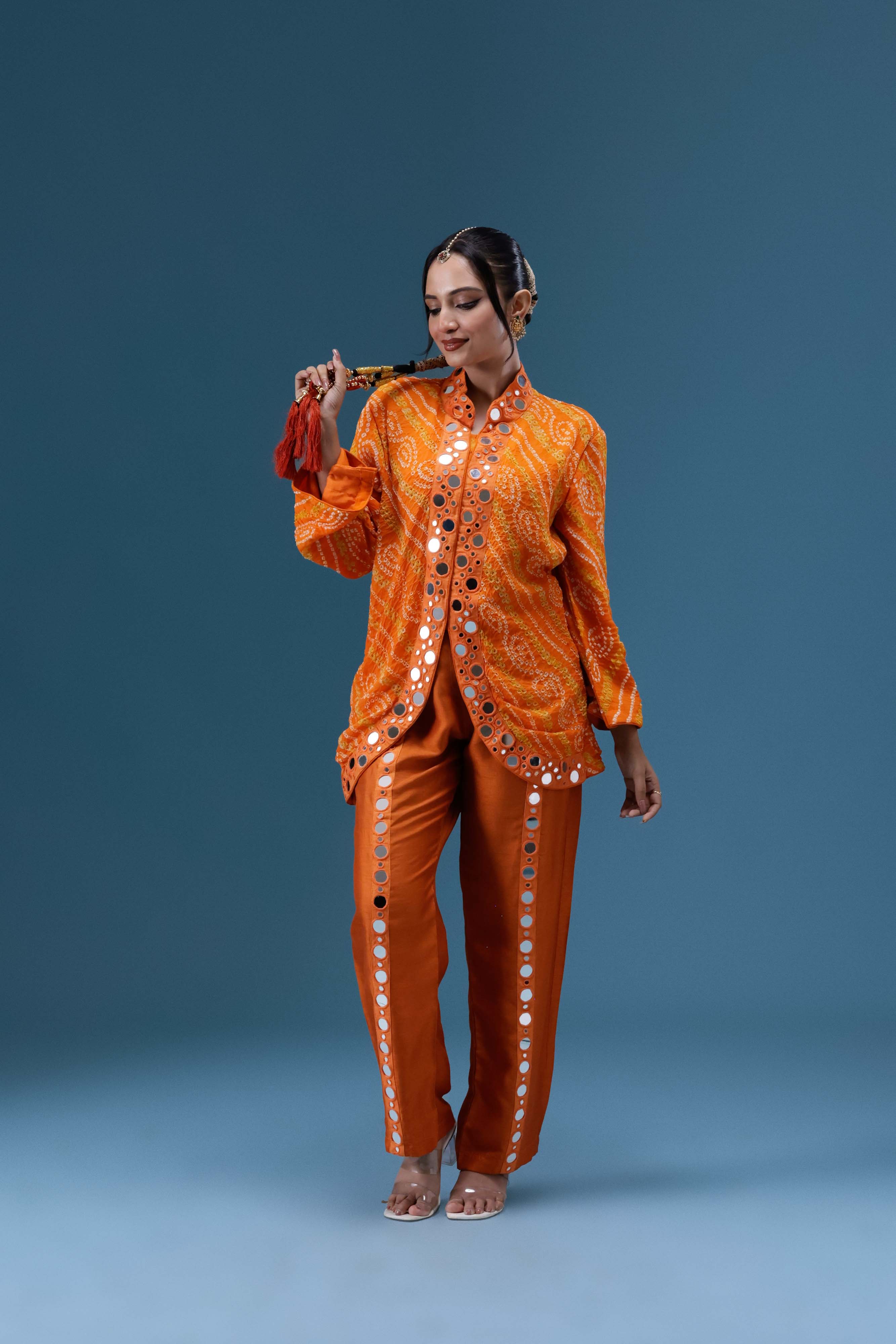 Abeer Orange Bandhani Mirror Work Co-ord Set