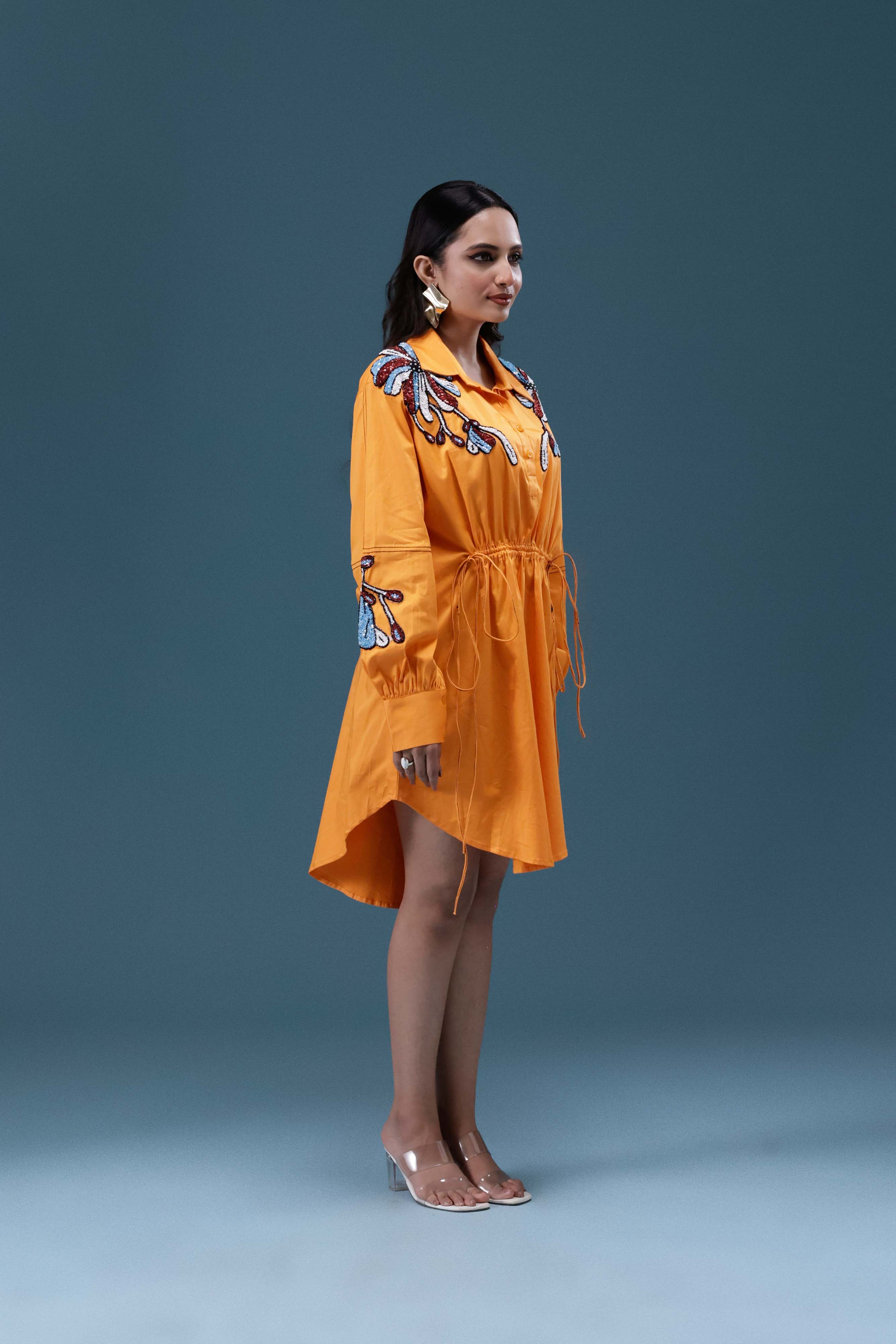 Orange Embroidered Shirt Dress