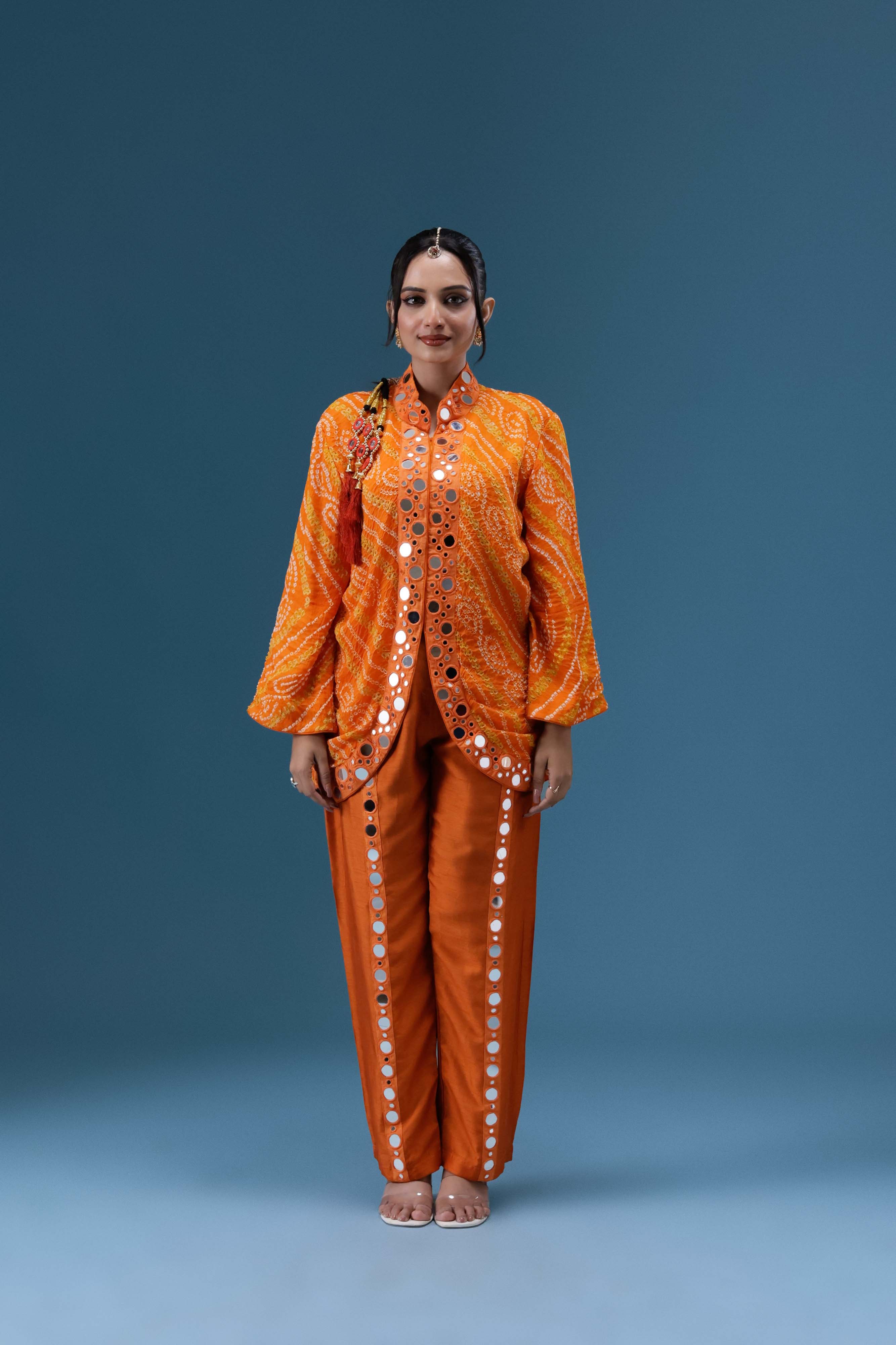 Abeer Orange Bandhani Mirror Work Co-ord Set