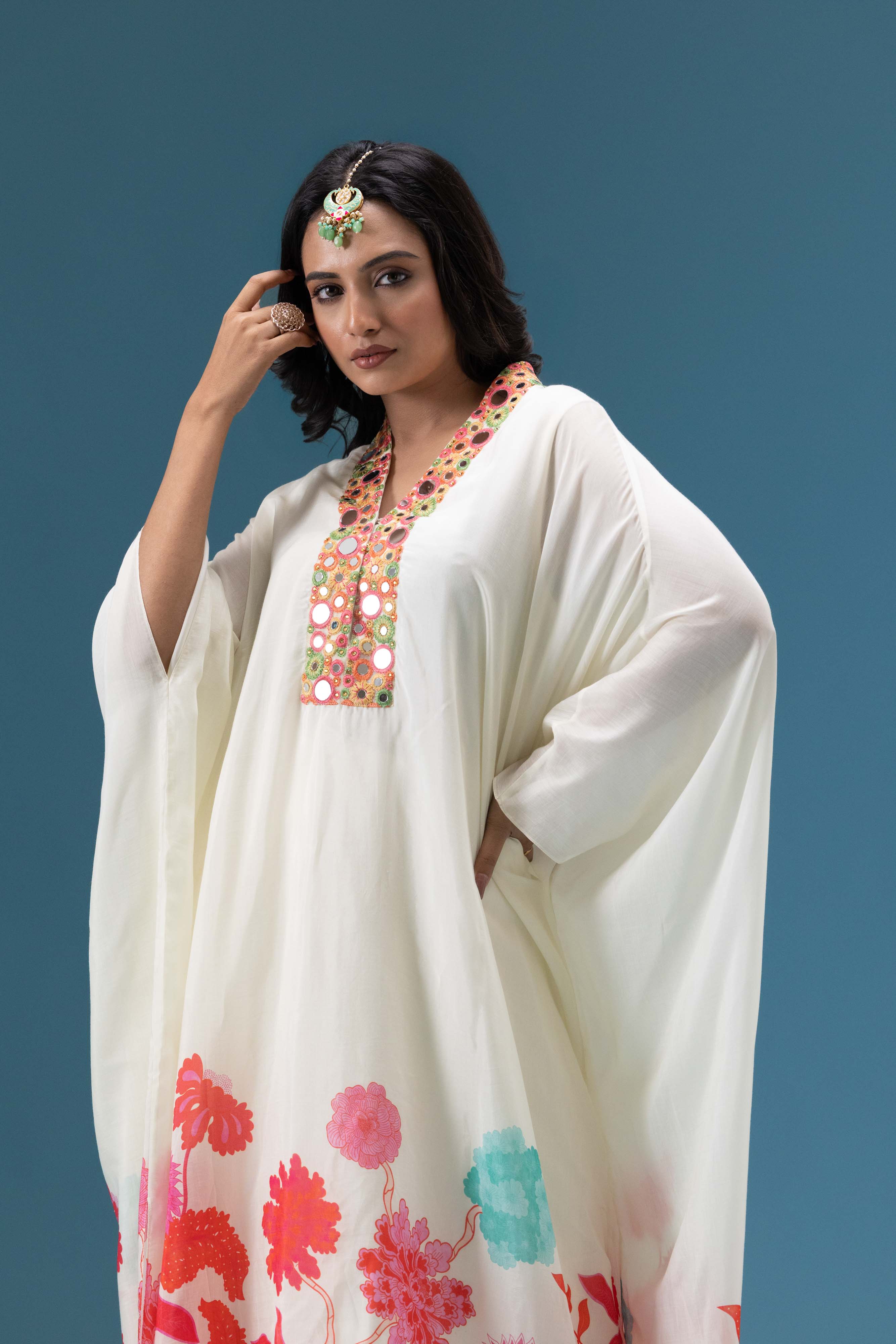 Gulnaar Ivory Floral Kaftan Set